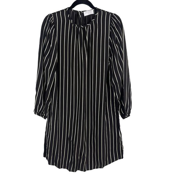 Jeune Otte Medium Black Cream Striped Dress Crew Neck Keyhole Back Long Sleeve - Picture 1 of 11
